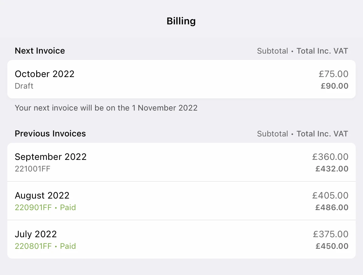Billing Section of the App